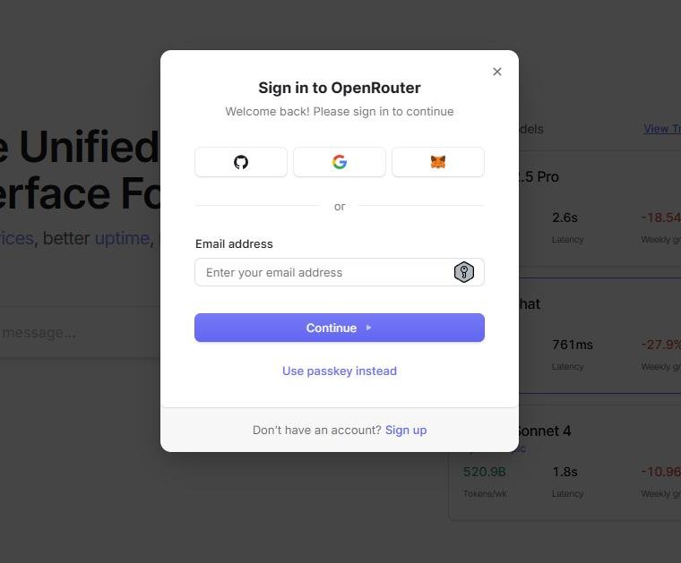 OpenRouter Sign Up Popup Screenshot