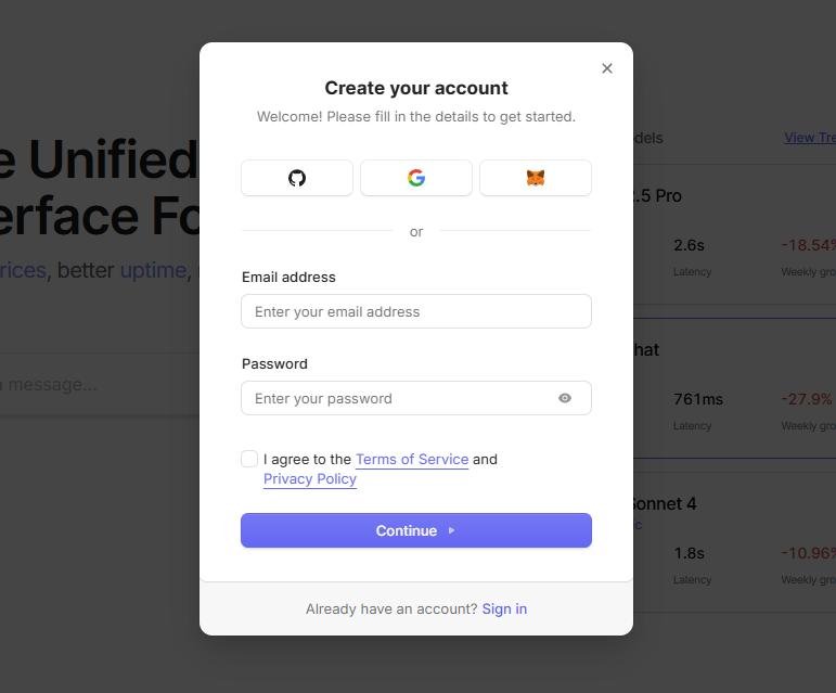 OpenRouter Sign Up Methods Screenshot